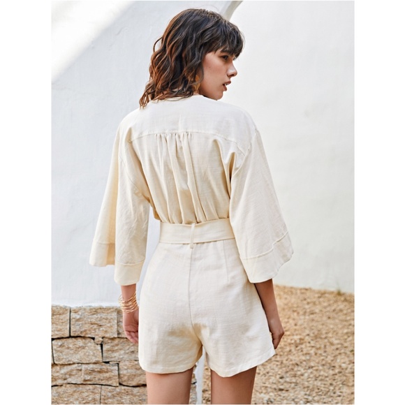 Cotton Beige Boho Romper Loose Fit Bell Sleeve - Picture 2 of 8